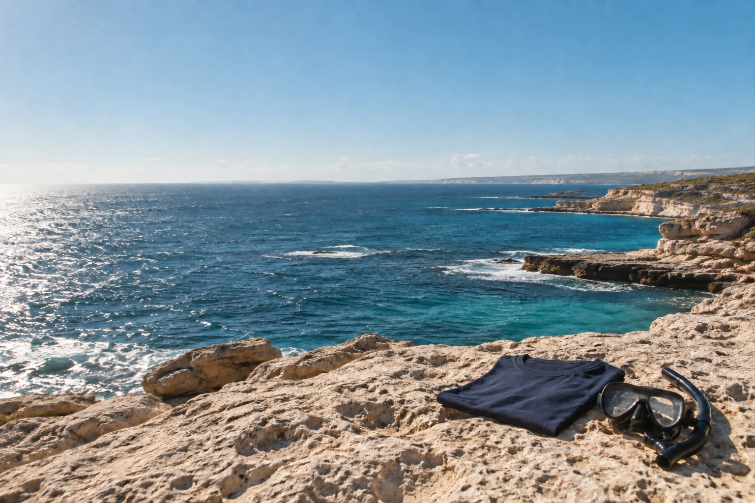A navy tee and snorkel mask on sun-warmed limestone beside the blue Australian sea