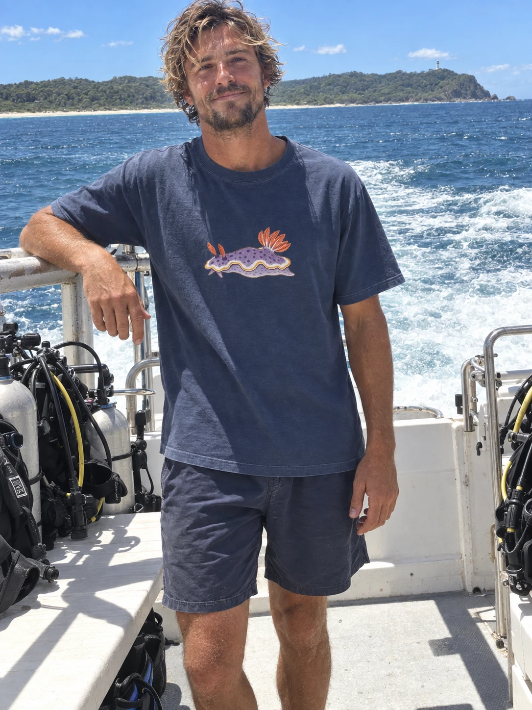 Apolegma nudibranch t-shirt in Navy, shown on a model