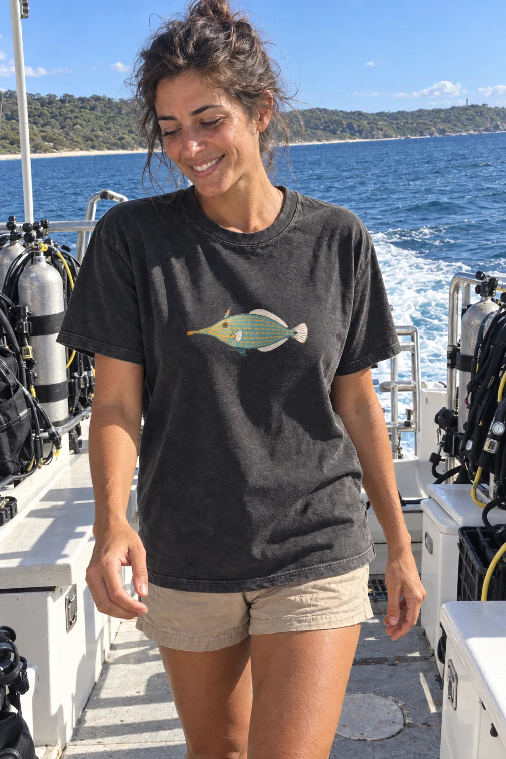 Orange-spotted filefish t-shirt in Washed black, shown on a model
