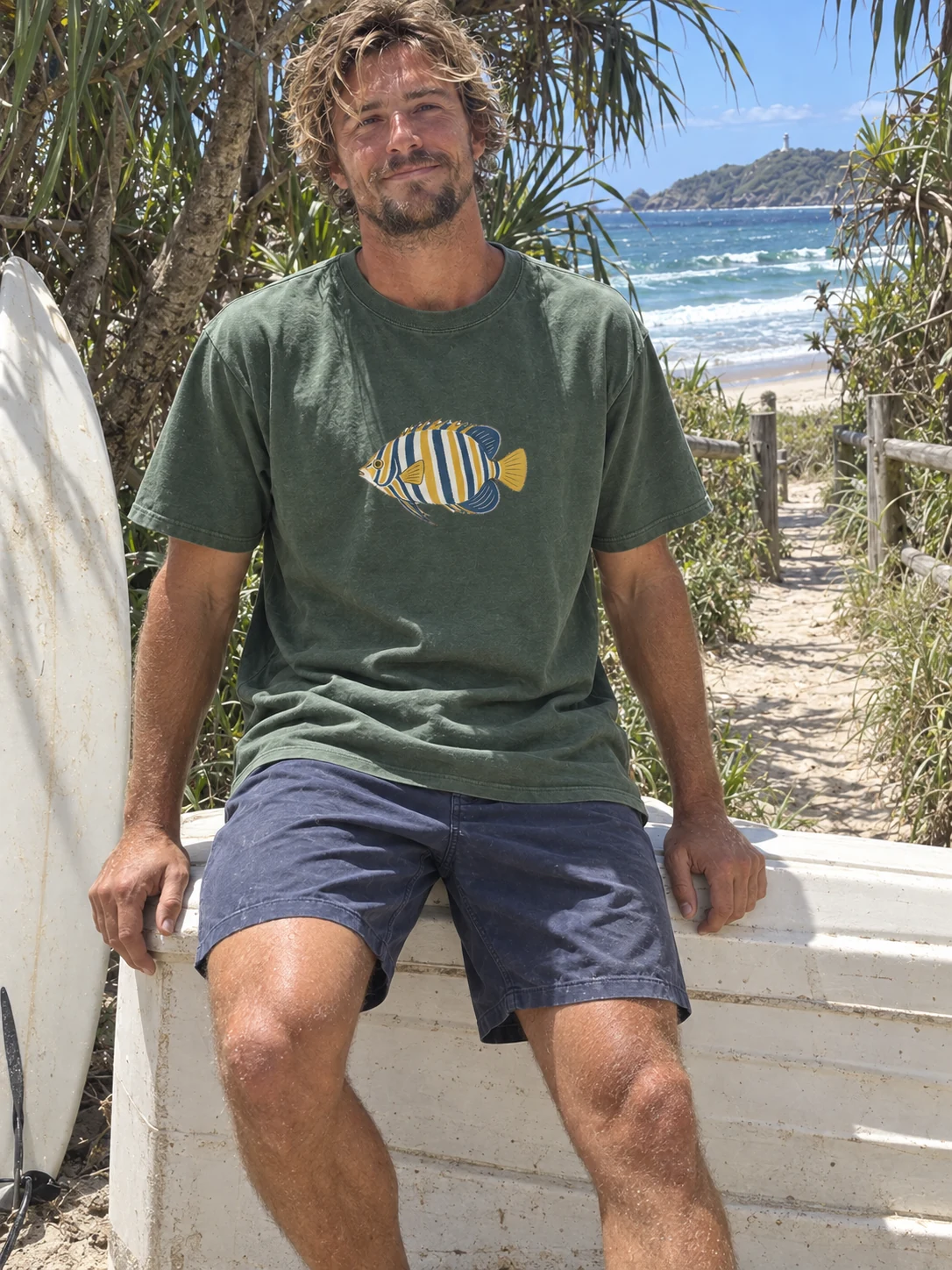 Regal angelfish t-shirt in Forest green, shown on a model