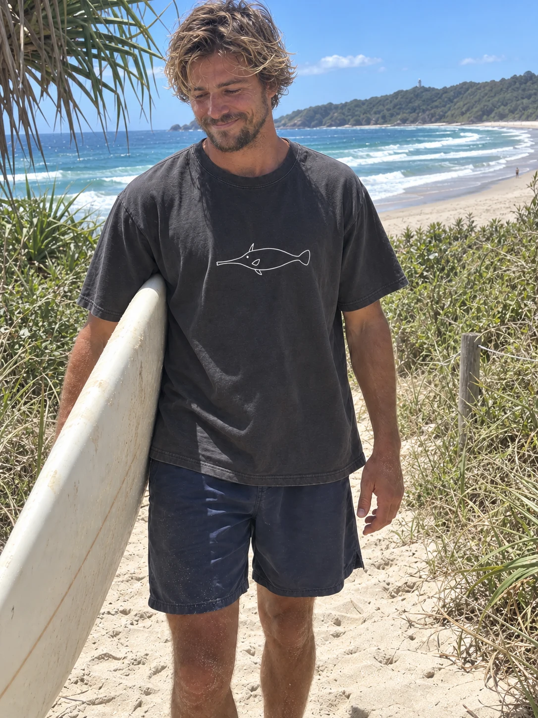 Orange-spotted filefish t-shirt in Washed black, shown on a model