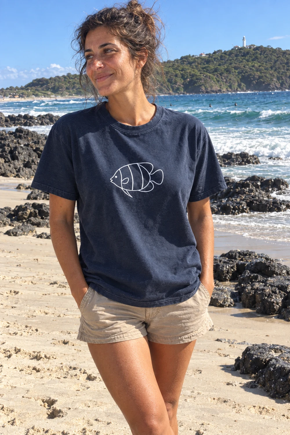 Regal angelfish t-shirt in Navy, shown on a model
