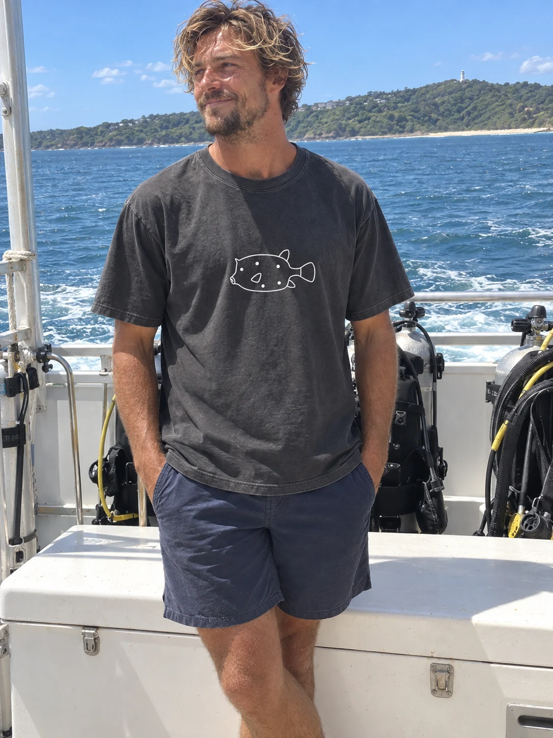 Yellow boxfish t-shirt in Washed black, shown on a model