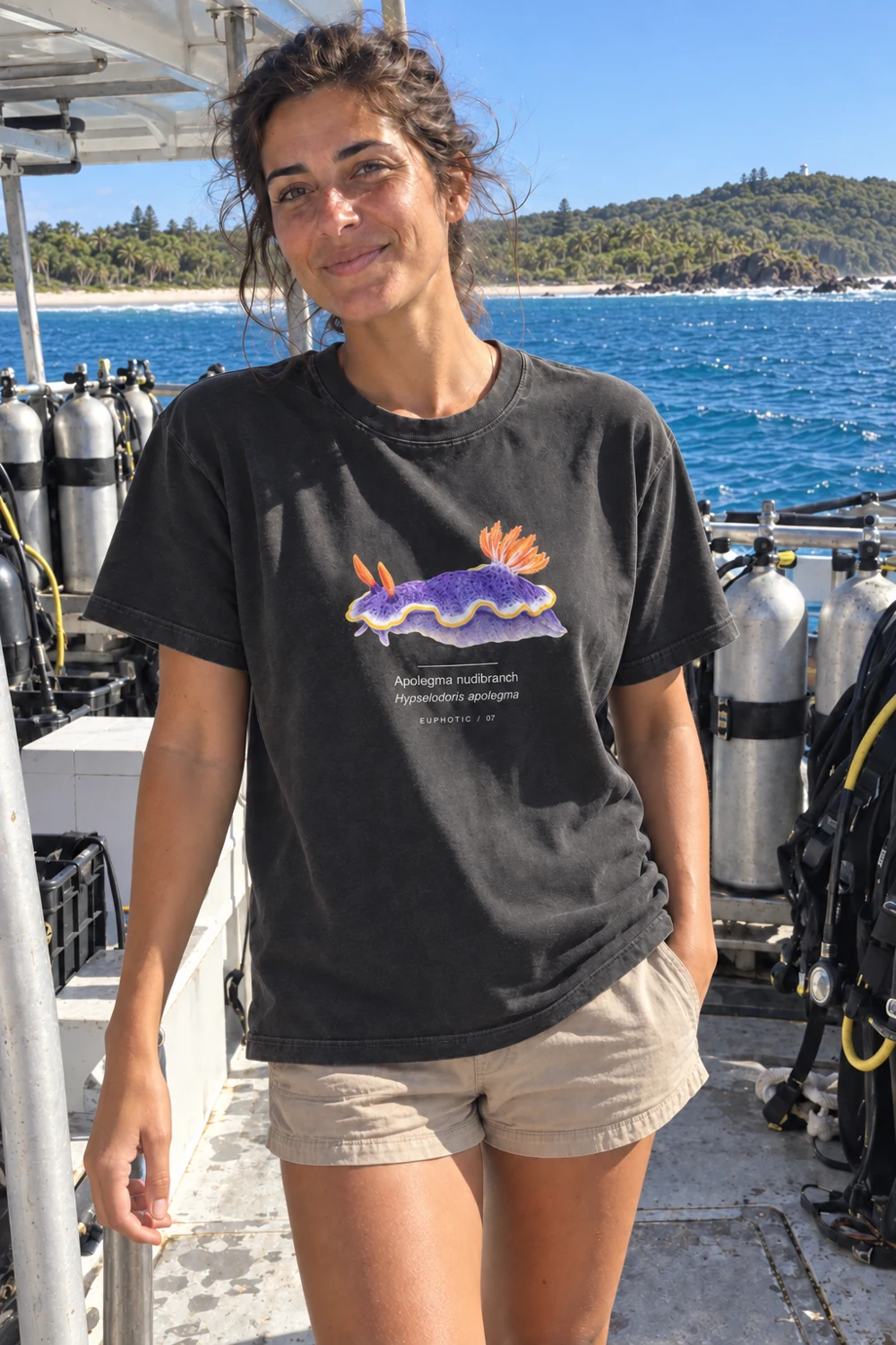 Apolegma nudibranch t-shirt in Washed black, shown on a model