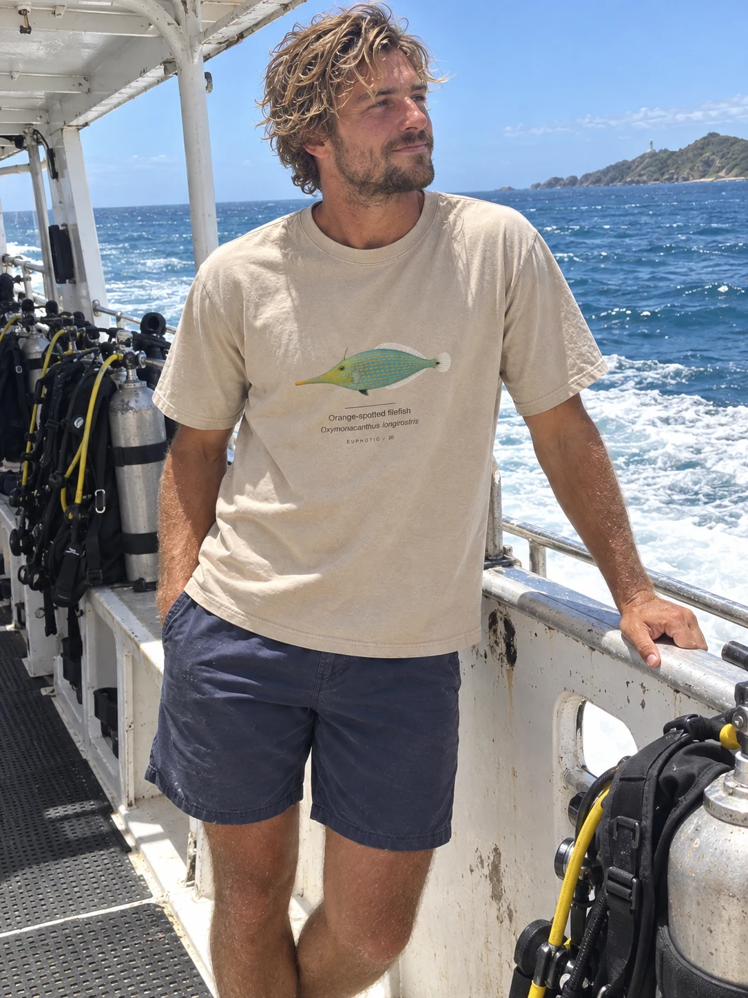 Orange-spotted filefish t-shirt in Washed sand, shown on a model