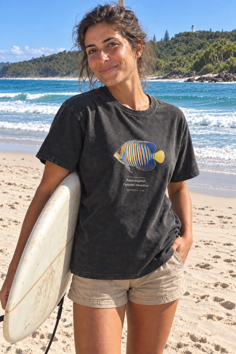 Regal angelfish t-shirt in Washed black, shown on a model