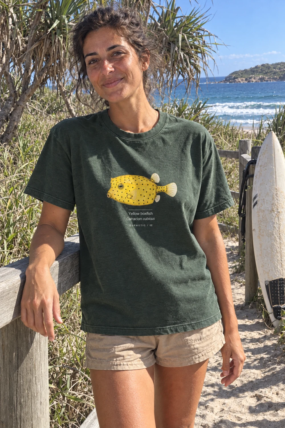 Yellow boxfish worn by our female model in Forest green