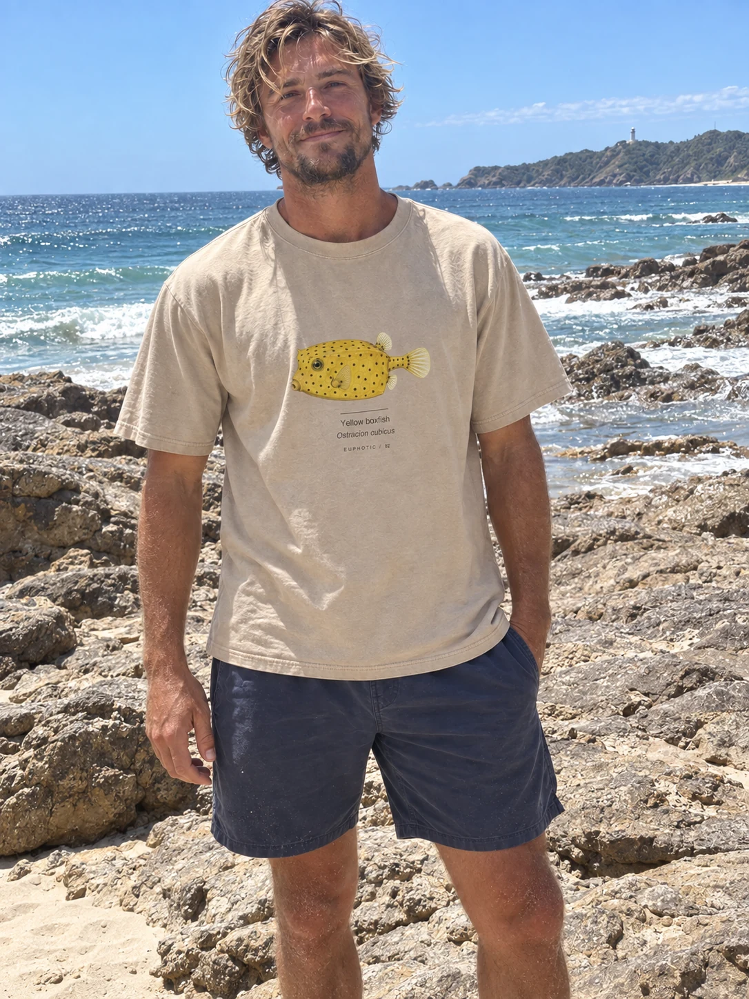 Yellow boxfish t-shirt in Washed sand, shown on a model