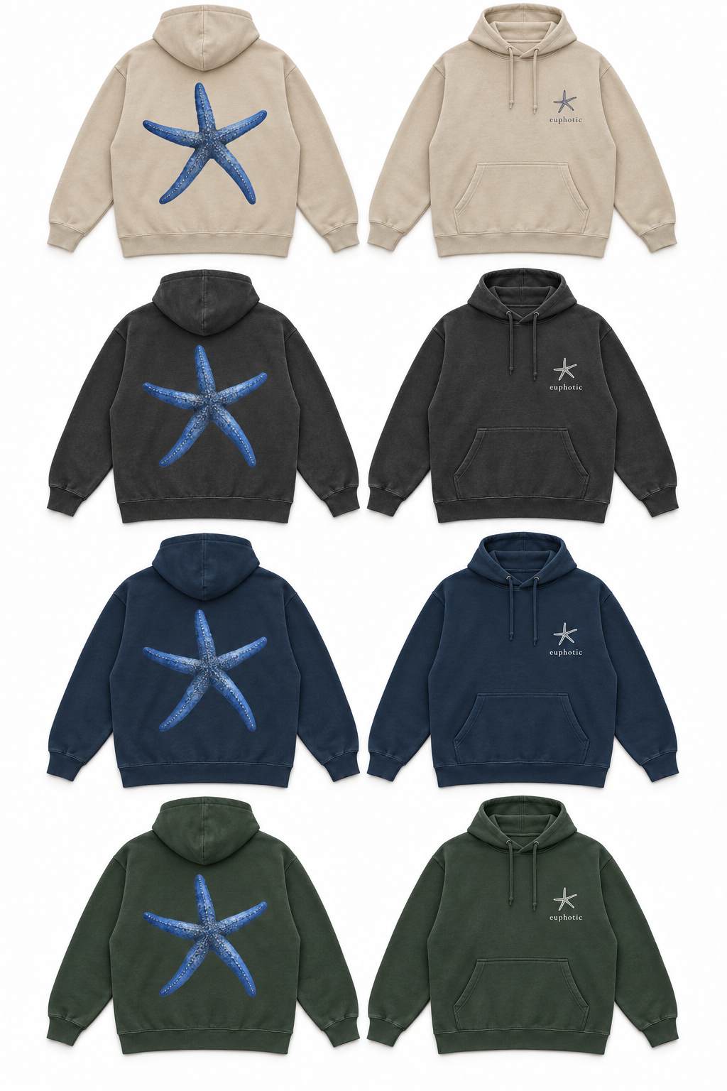 Blue starfish hoodie in Navy, back view