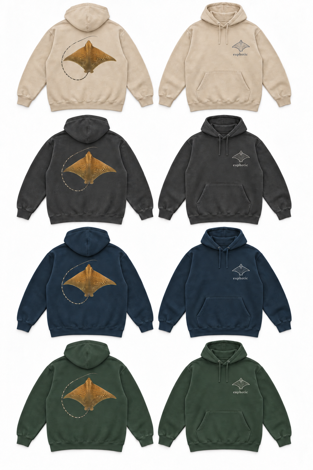 Ornate eagle ray hoodie in Washed black, back view