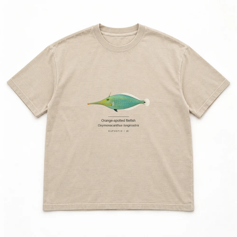 Orange-spotted filefish Reef Plates tee in Washed sand