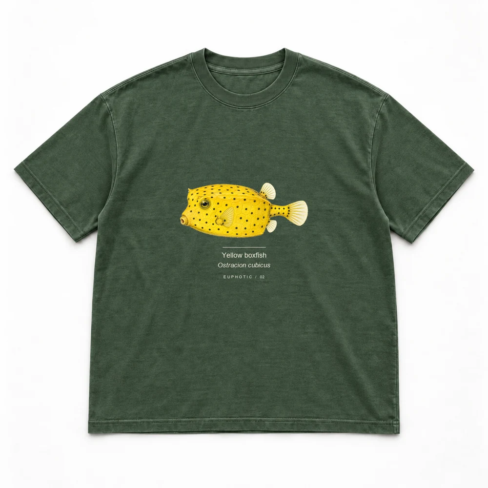 Yellow boxfish, Forest green tee